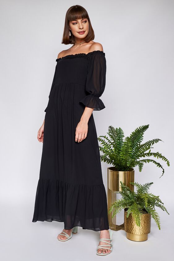 Black Solid Fit and Flare Gown, Black, image 1